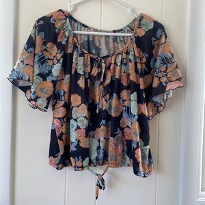 Vintage 70's Pansy Print Flutter Sleeve Blouse L/XL